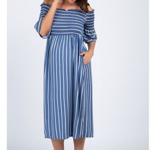 Navy Striped Smocked Off Shoulder Maternity Dress